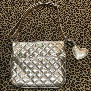 Betsey Johnson Metallic Rose Gold Quilted Embroidered Hearts Crossbody Bag